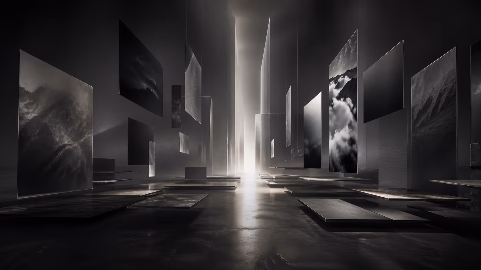 Dark editorial blog preview with card blocks and interface shapes