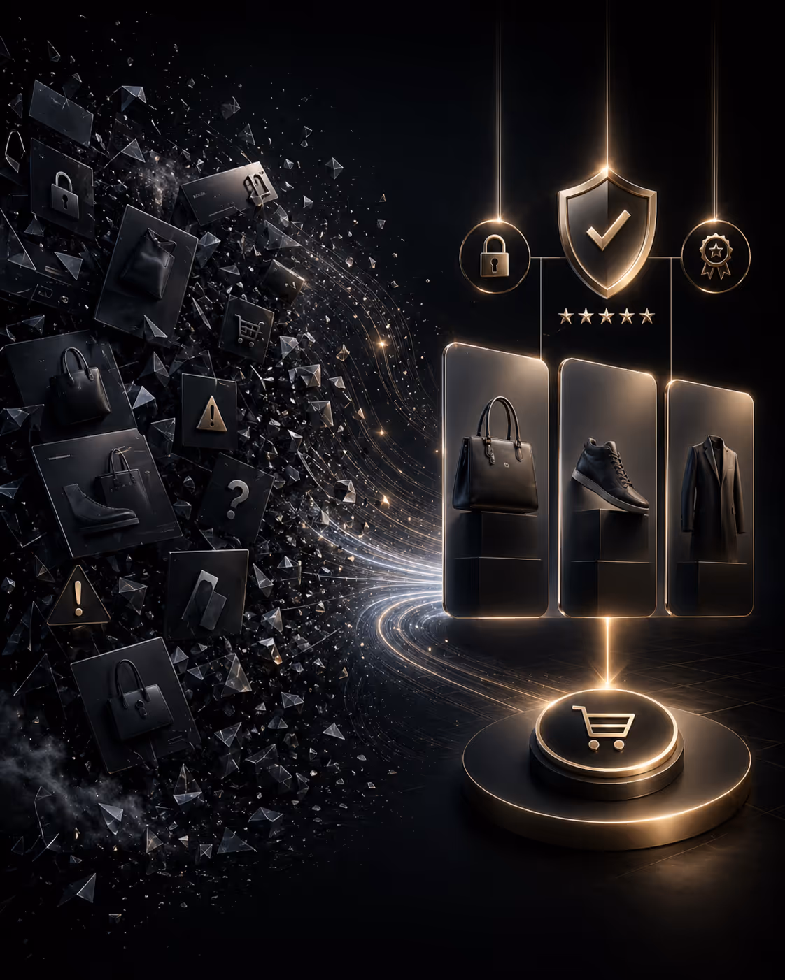 Dark modular UI layout with dashboard-like panels representing an ecommerce interface refactor