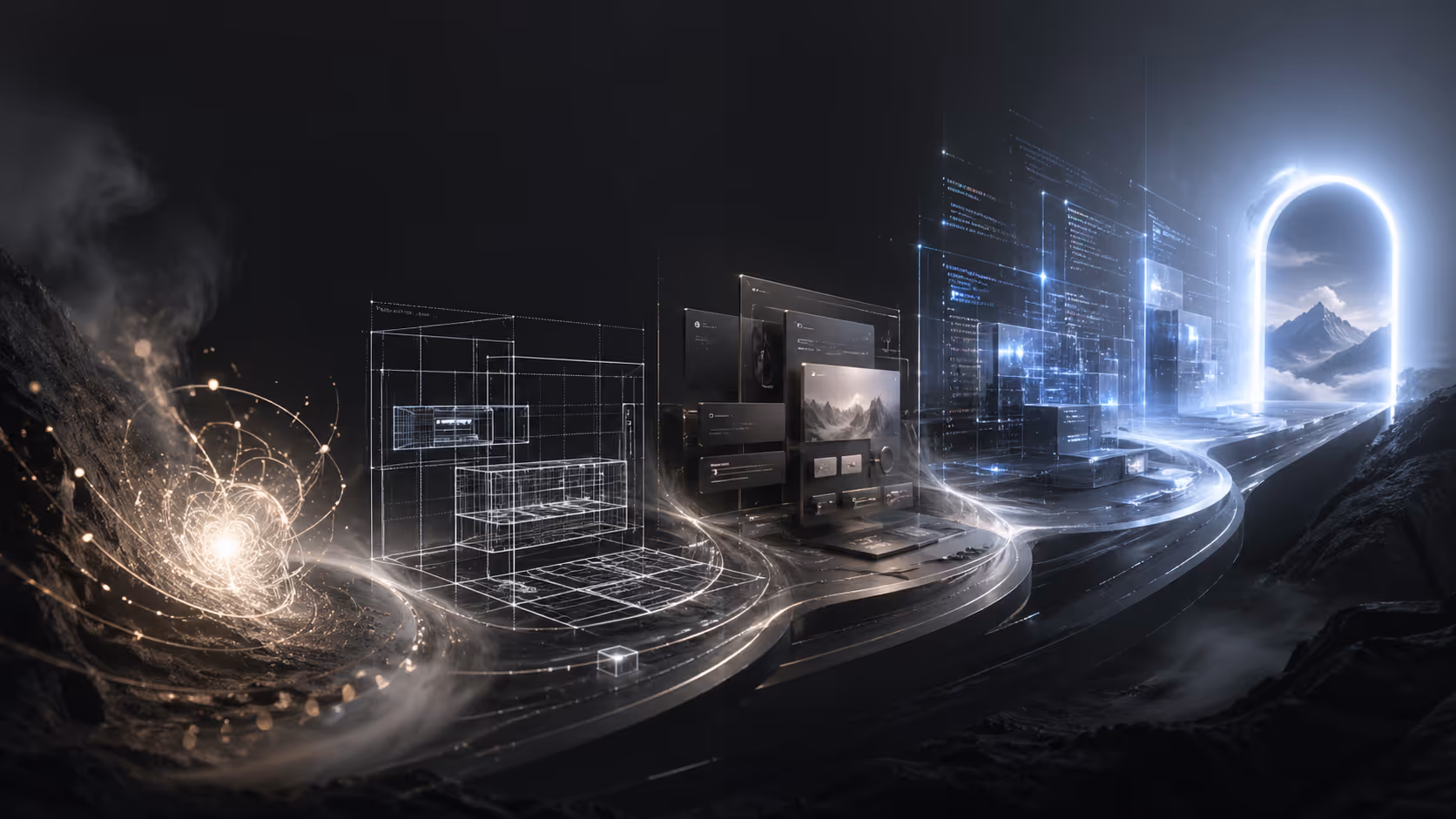 Dark visual workflow in five stages showing idea, wireframe, design, code, and live website launch