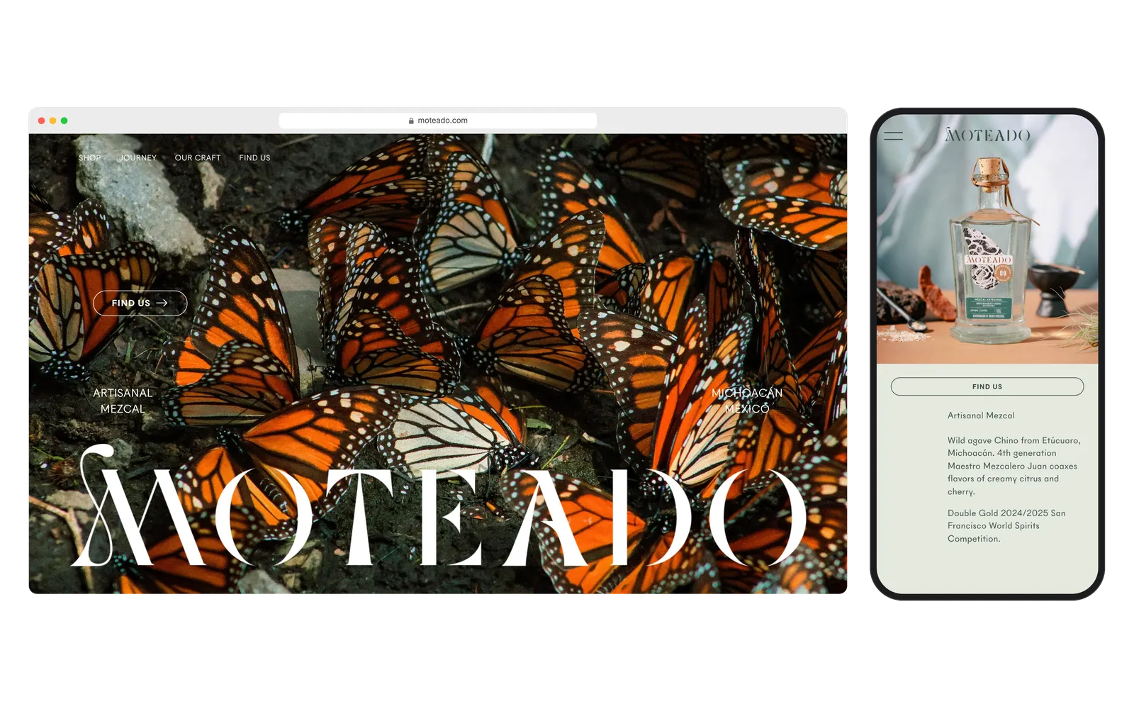 The Moteado website in a desktop browser, with a mezcal page on a phone