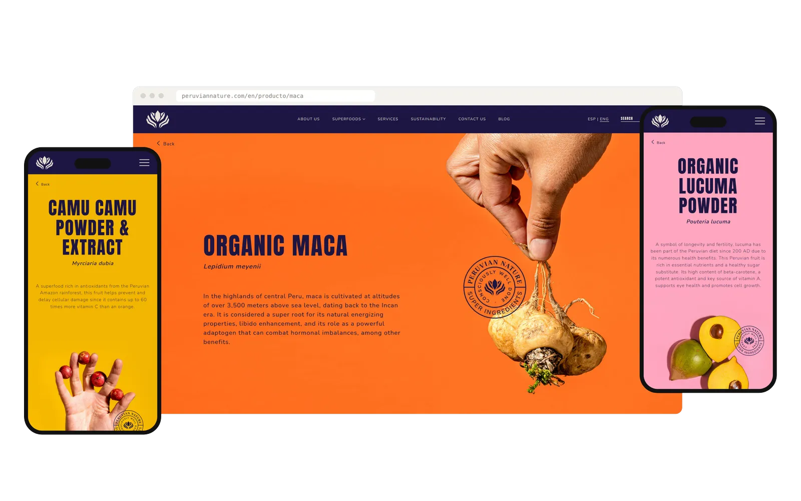 Páginas de producto de Peruvian Nature en un navegador de escritorio y en dos teléfonos