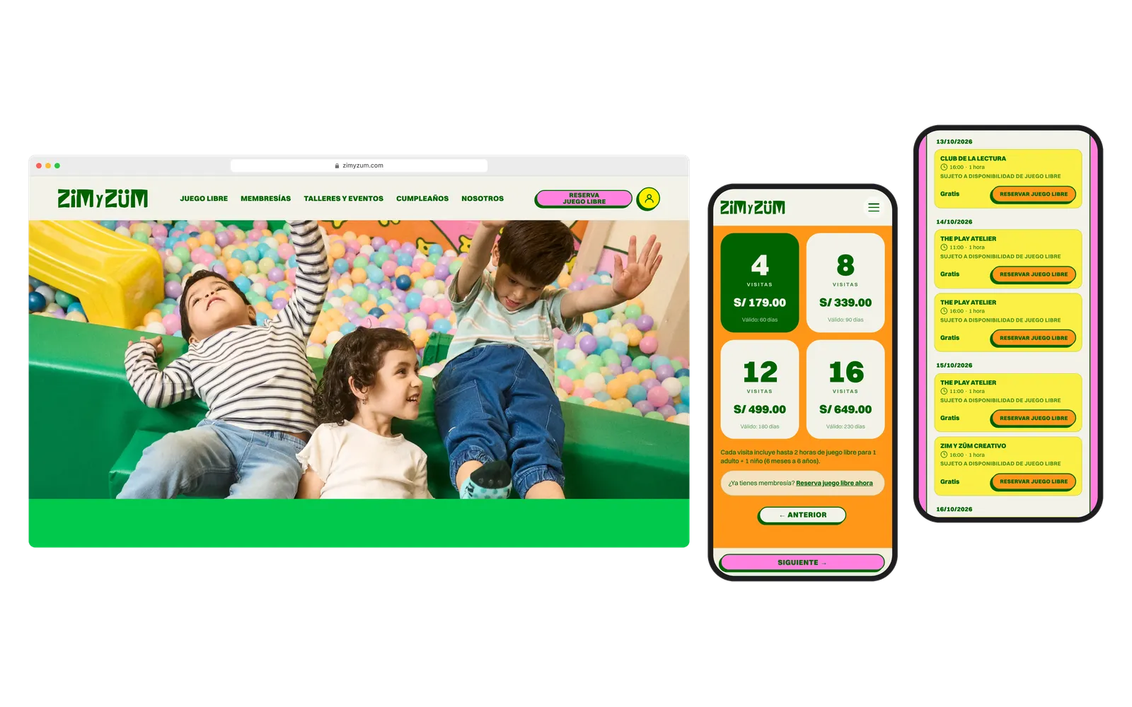 Zim y Zum website shown in a desktop browser and on two phones