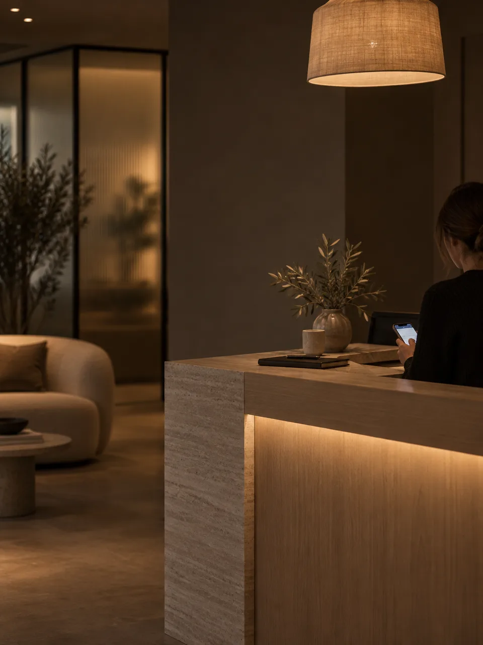 A clinic front desk in warm evening light; a staff member reads an inquiry on her phone.