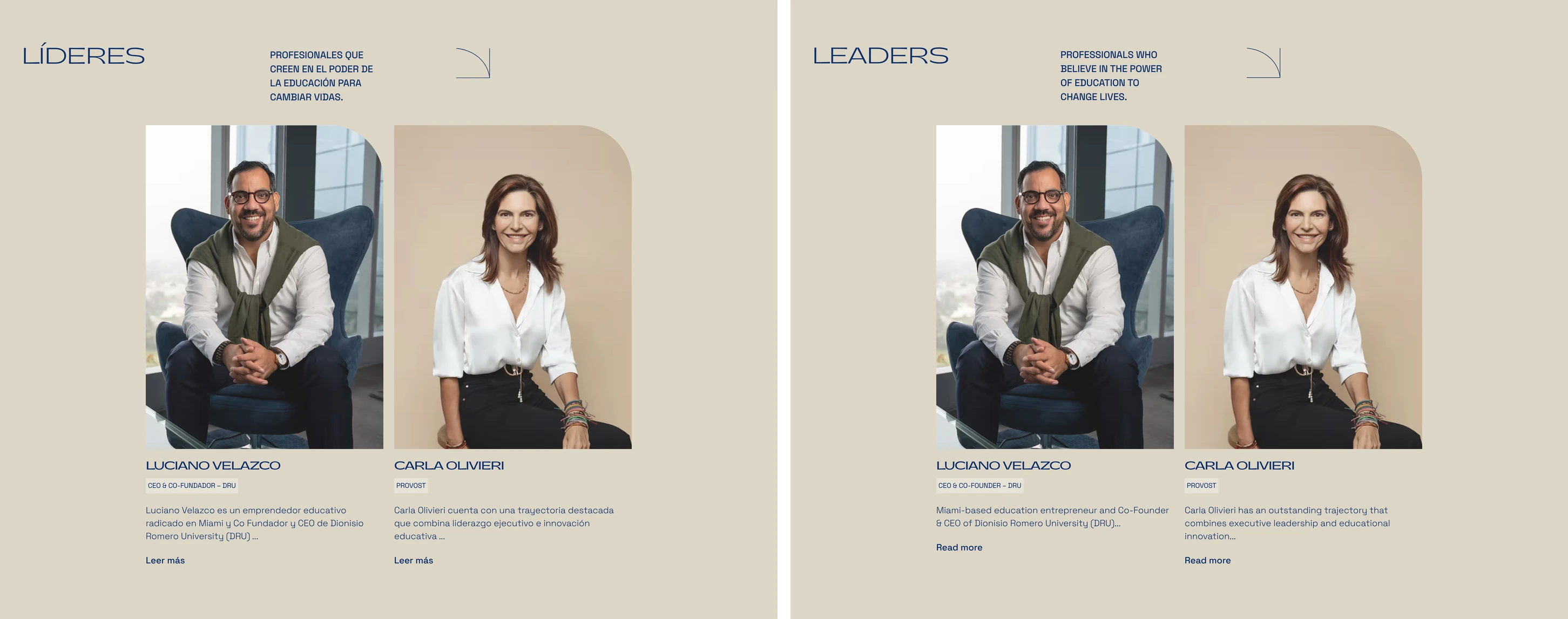 The Leaders section of the landing page in Spanish and in English, side by side