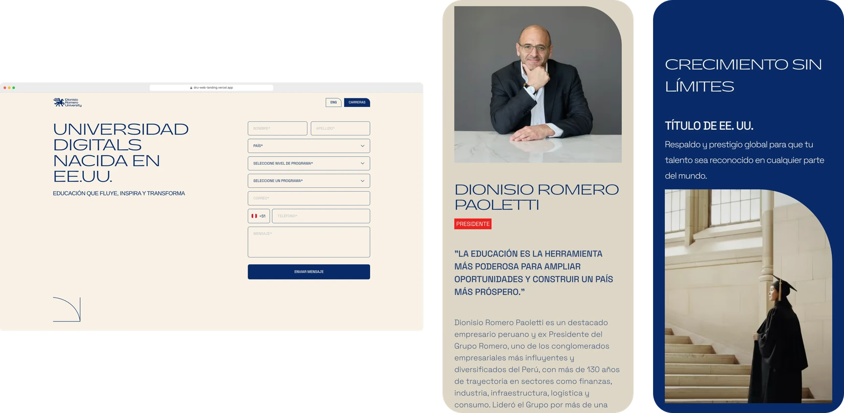 A small desktop browser with the DRU landing page hero, next to two phone screens: the founder's vision and the growth section