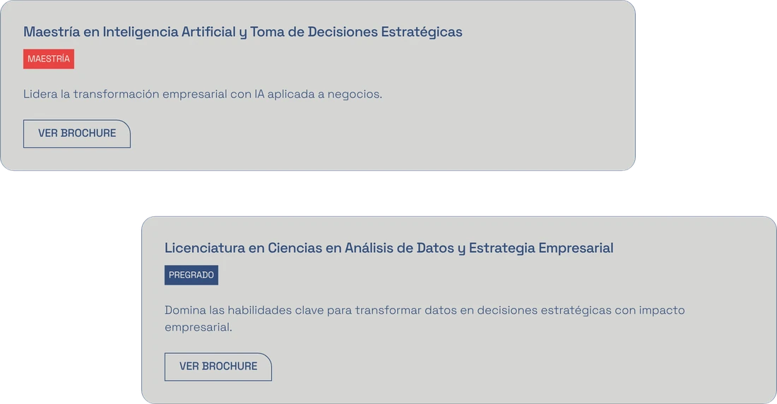 Two real program cards from the learning areas, a master's degree and a bachelor's degree