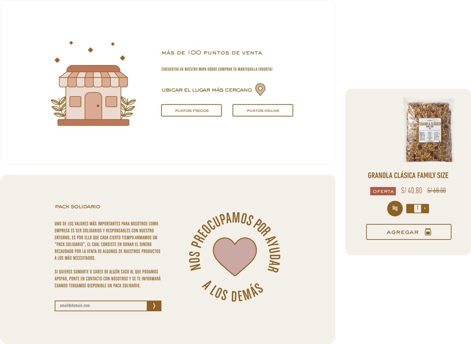 Bloques ilustrados de la página de inicio con los puntos de venta, el pack solidario y una tarjeta de producto