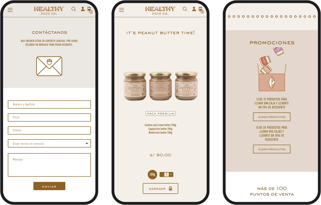 Contacto, la ficha del pack premium y las promociones de la página de inicio en tres teléfonos