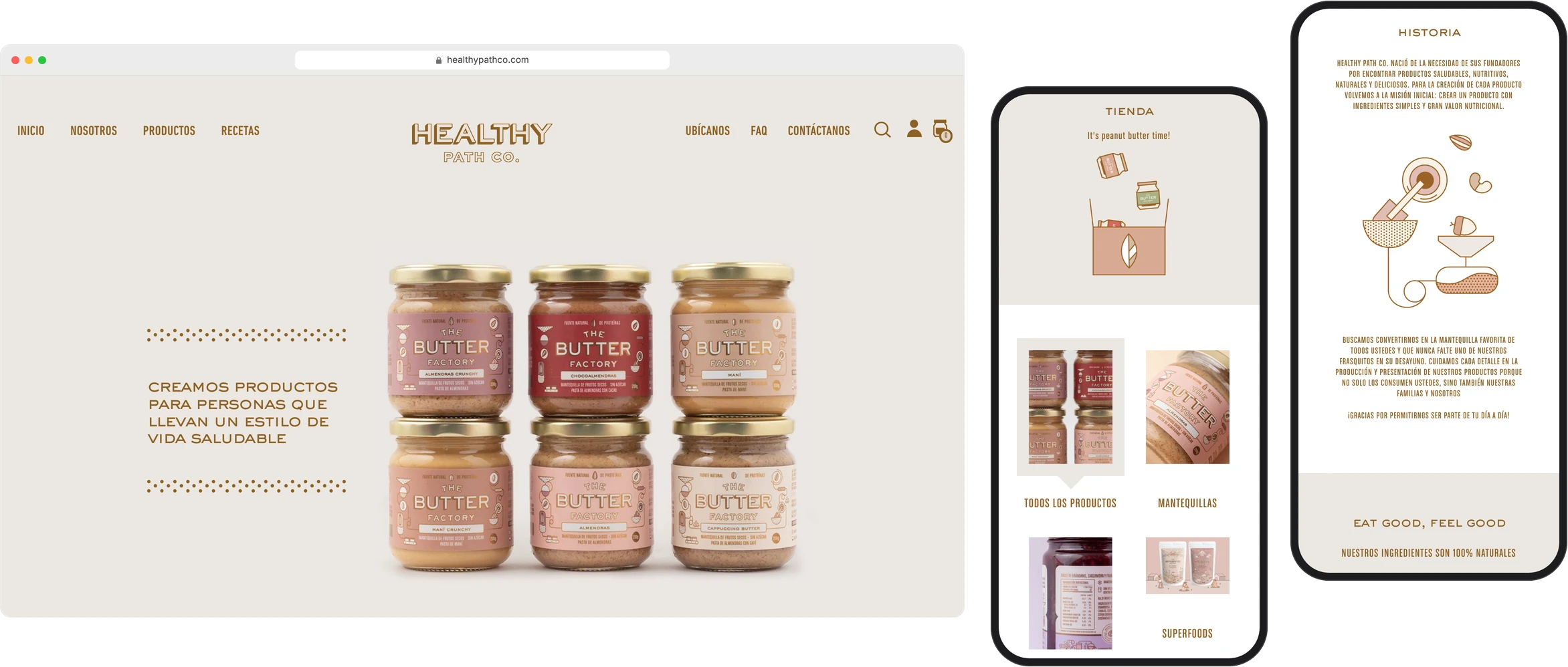 Página de inicio de Healthy Path en un navegador de escritorio, con la tienda y la historia de la marca en dos teléfonos