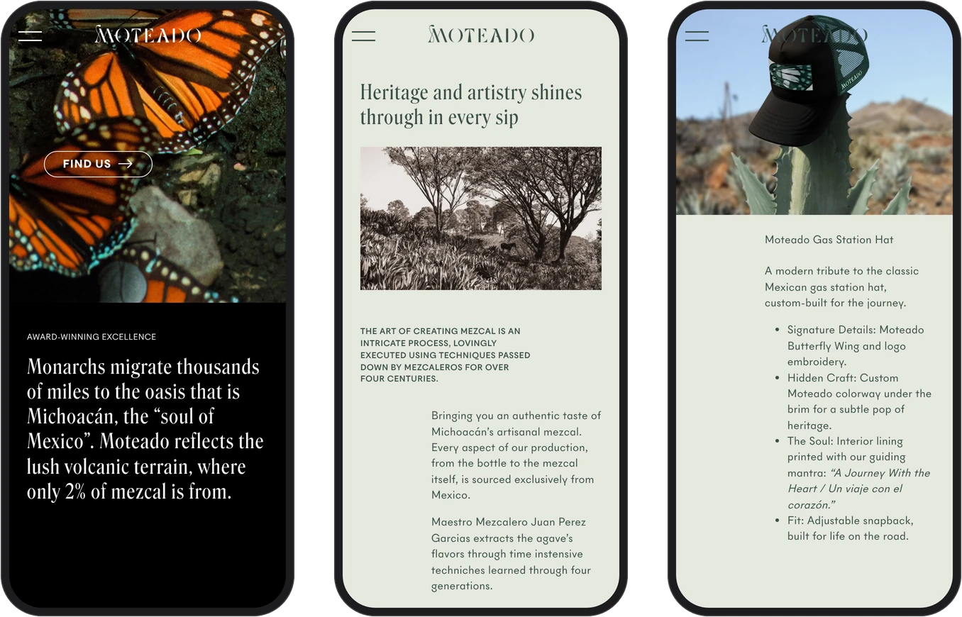 On three phones: the monarch migration section, Our Craft and the Moteado cap