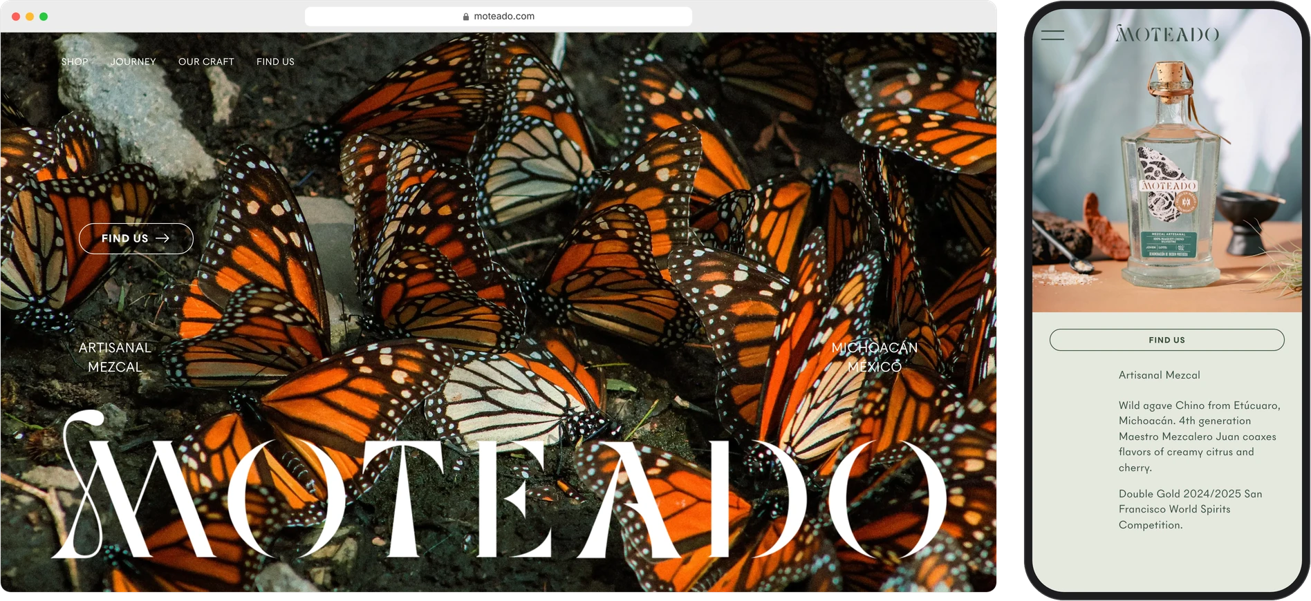 The Moteado home page with its monarch butterflies in a desktop browser, and the mezcal page on a phone