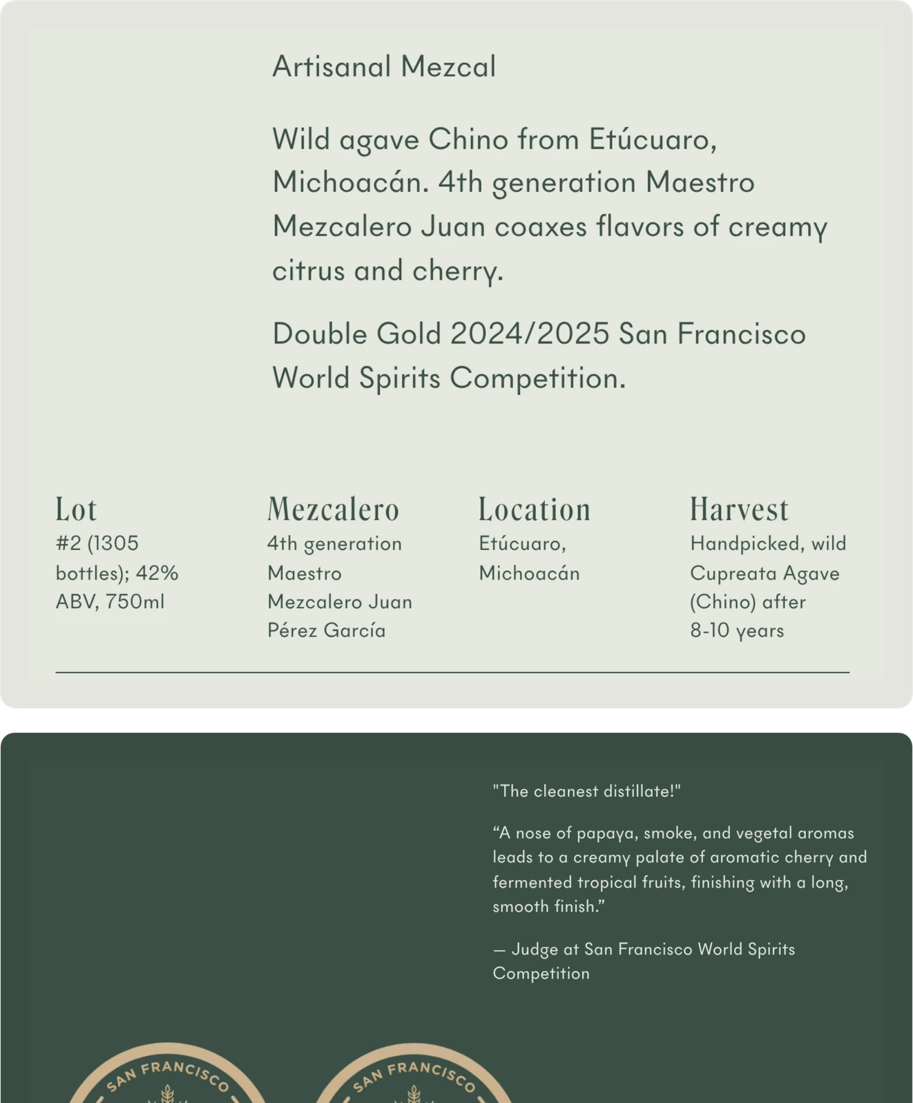 Technical sheet and Double Gold medals from the artisanal mezcal page