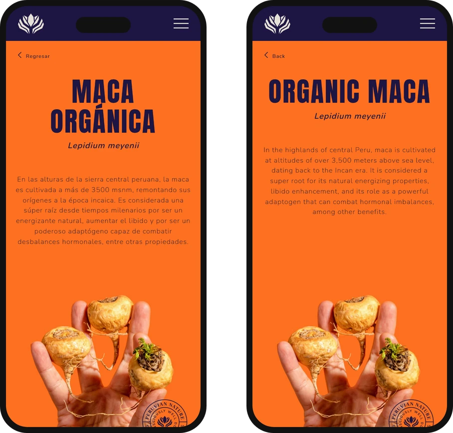 La página de producto de la maca en dos teléfonos, en español y en inglés