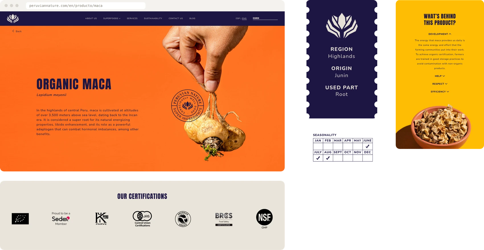 La página de producto de la maca, con su ficha técnica, la tabla de temporada, la historia del producto y las certificaciones