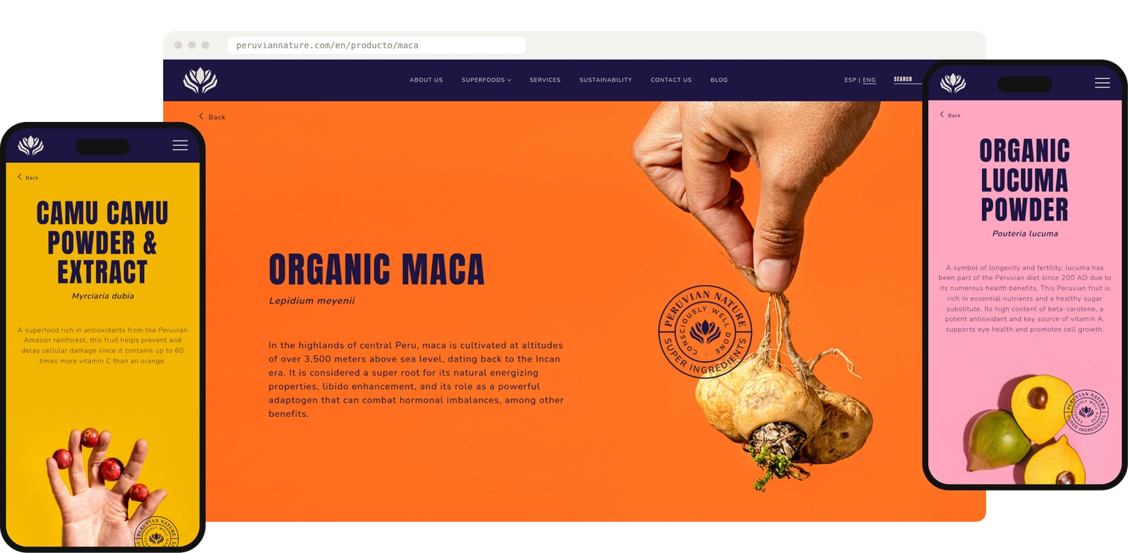 Páginas de producto de maca, camu camu y lúcuma de Peruvian Nature en un navegador de escritorio y en dos teléfonos