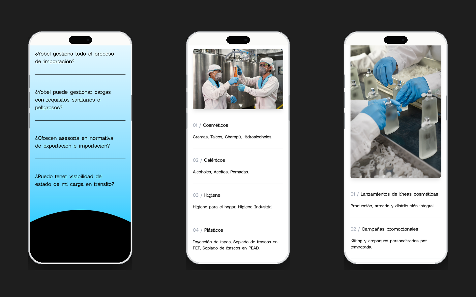 Three mobile views of the Yobel website interface
