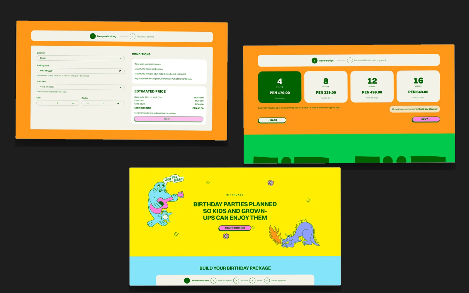 Reserva de juego libre, elección de membresía y armado del paquete de cumpleaños en la web de Zim y Zum