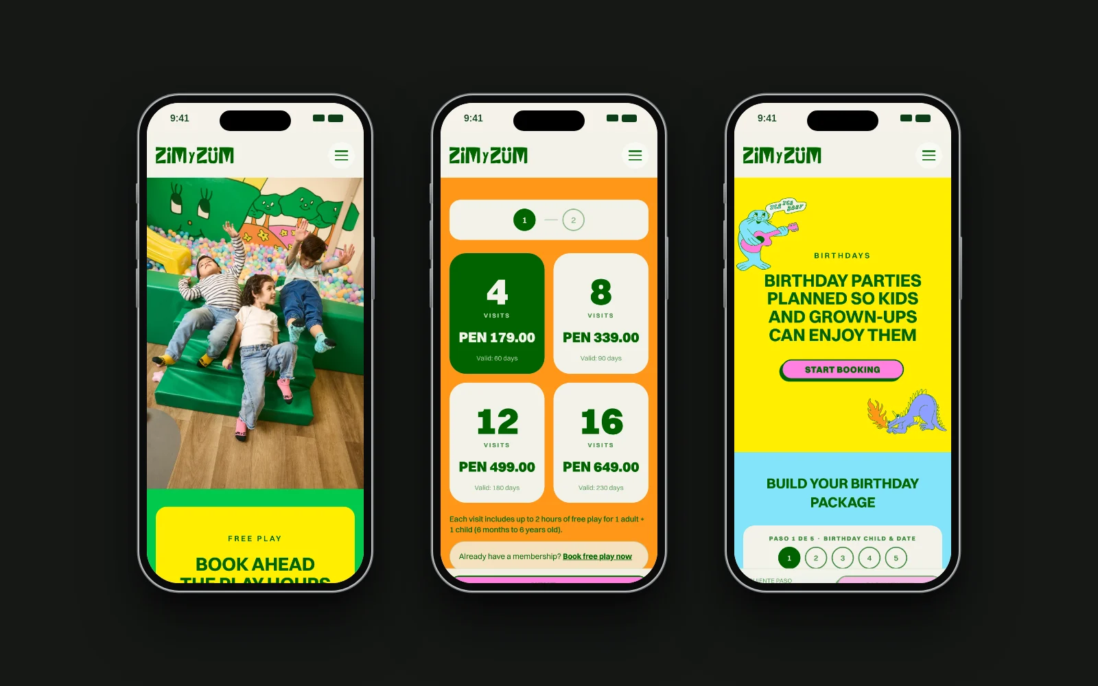 Páginas de inicio, membresías y cumpleaños de la web de Zim y Zum en tres teléfonos